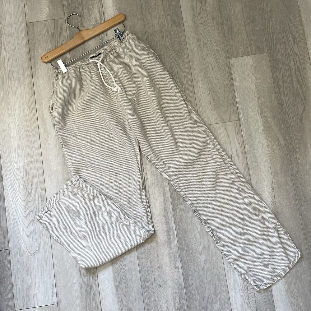 Brandy Melville Pants linen striped pull on womens Beige (one size) beach casual